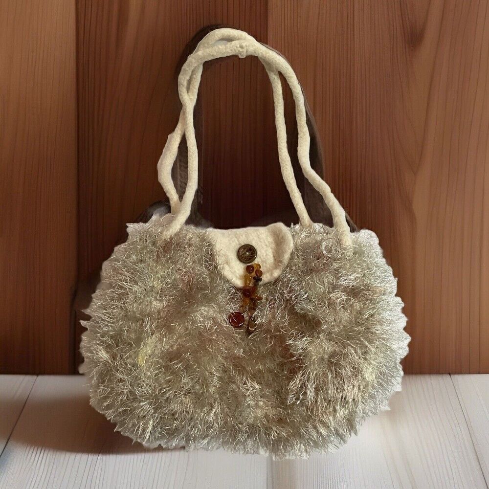 Handmade Felted Cream Wool Purse Bag Oatmeal Color Bronze Fluffy Boho Accent
